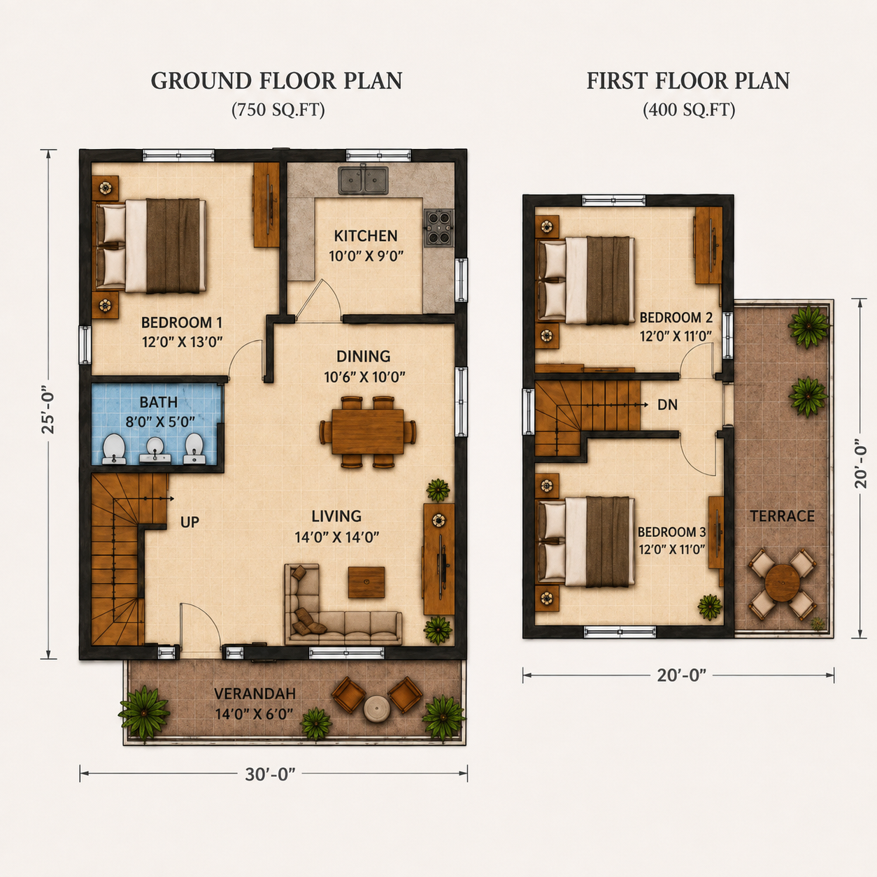 Story villa floor plan — G+1, 3 bedrooms, 2 bathrooms